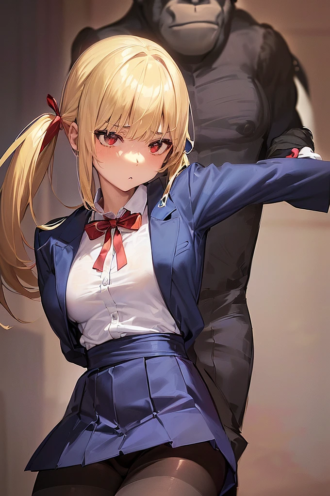 masterpiece, best quality,anime style, 1 girl,(((slender body))), (((small breast))),(((hot pants, white tanktop,red tie))),(((((a gorilla man grabbing the girl))))), ((((restrained, arms behind back)))),((((cum)))), (beautiful face), (((short hair))), (((straight hair))), ((((blonde hair)))),detailed beautiful skin, (perfect hands, perfect anatomy)