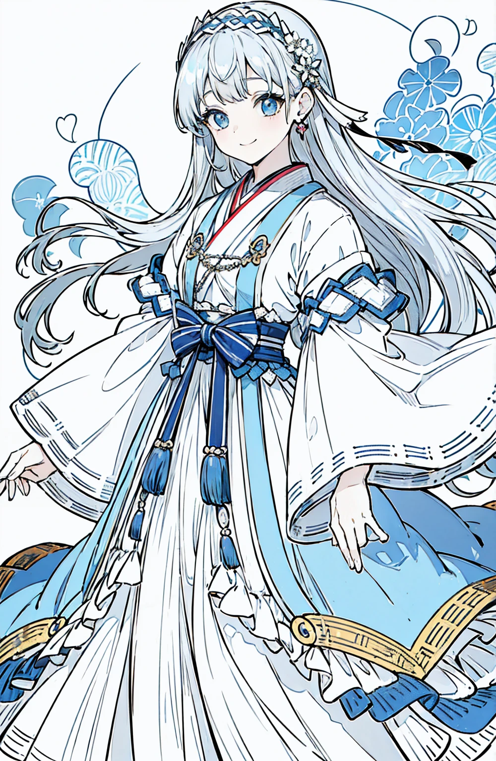 ((Highest quality)), ((masterpiece)), (Get used to it), Perfect Face , beautiful girl ,Gray Hair、White light blue eyes、1 white/light blue hair accessory、Japanese clothing、earrings、Long Hair、smile