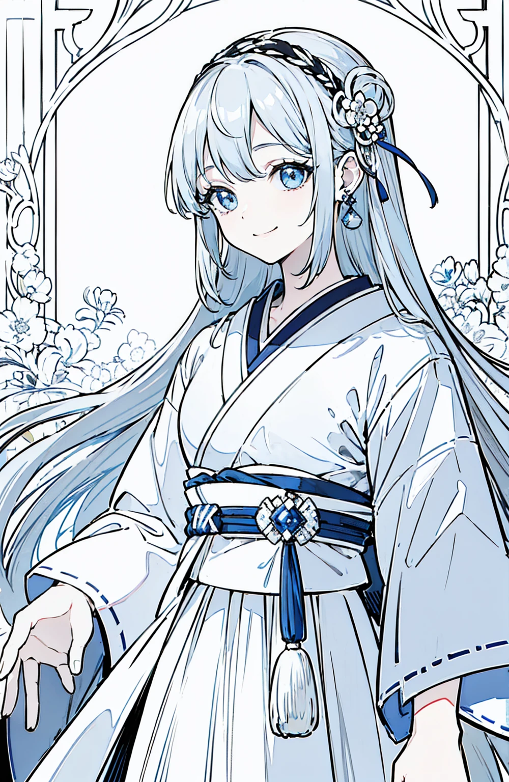 ((Highest quality)), ((masterpiece)), (Get used to it), Perfect Face , beautiful girl ,Gray Hair、White light blue eyes、1 white/light blue hair accessory、Japanese clothing、earrings、Long Hair、smile