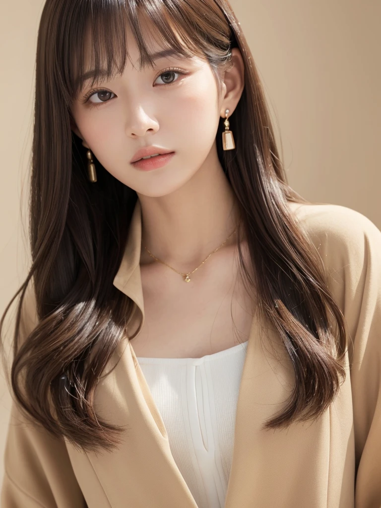 ((Highest quality, 8K, masterpiece:1.3)), concentrate: 1.2, Perfect body beauty: 1.4, Hips: 1.2, ((Long Hair, chest: 1.2)), (Dry clothes: 1.1) , (clear, Simple Background:1.3), Simple clothes: 1.1, Highly detailed face and skin texture,Delicate eyes, double eyelid, Whitened skin, Rough skin、Long Hair、Earrings with bangs、necklace、 solo、Beige coat、White shirt, (((Beautiful girl with cute Japan)))、 ((Beautiful Japanese girl 20 years old))、 ((Baby Face))、 (((Slender body)))、 Upper Body,Face focus、necklace,Simple Background,From above, Realistic Hair、 A photograph was taken:Canon EOS R6、135mm、1/1250 seconds、f2.8、ISO400、(Detailed explanation of the hand)、(Masseter muscle area)、(Exquisite CG)、Long Hair, loose and curly hair、Korean Hair、Long Hair明るいベージュ色、グラデーションハイライトグレージュのゆるふわLong Hairスタイル、