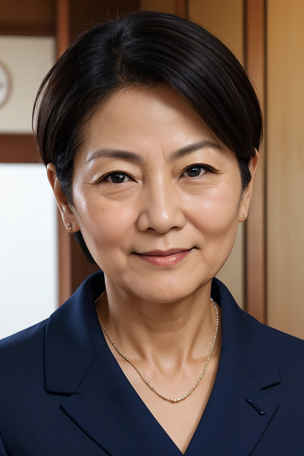 politician、50 year old grandma、Front of face、Navy blue formal attire、Light from the front、Very Short Hair、Japanese、Facial wrinkles、ID photo、indoor
