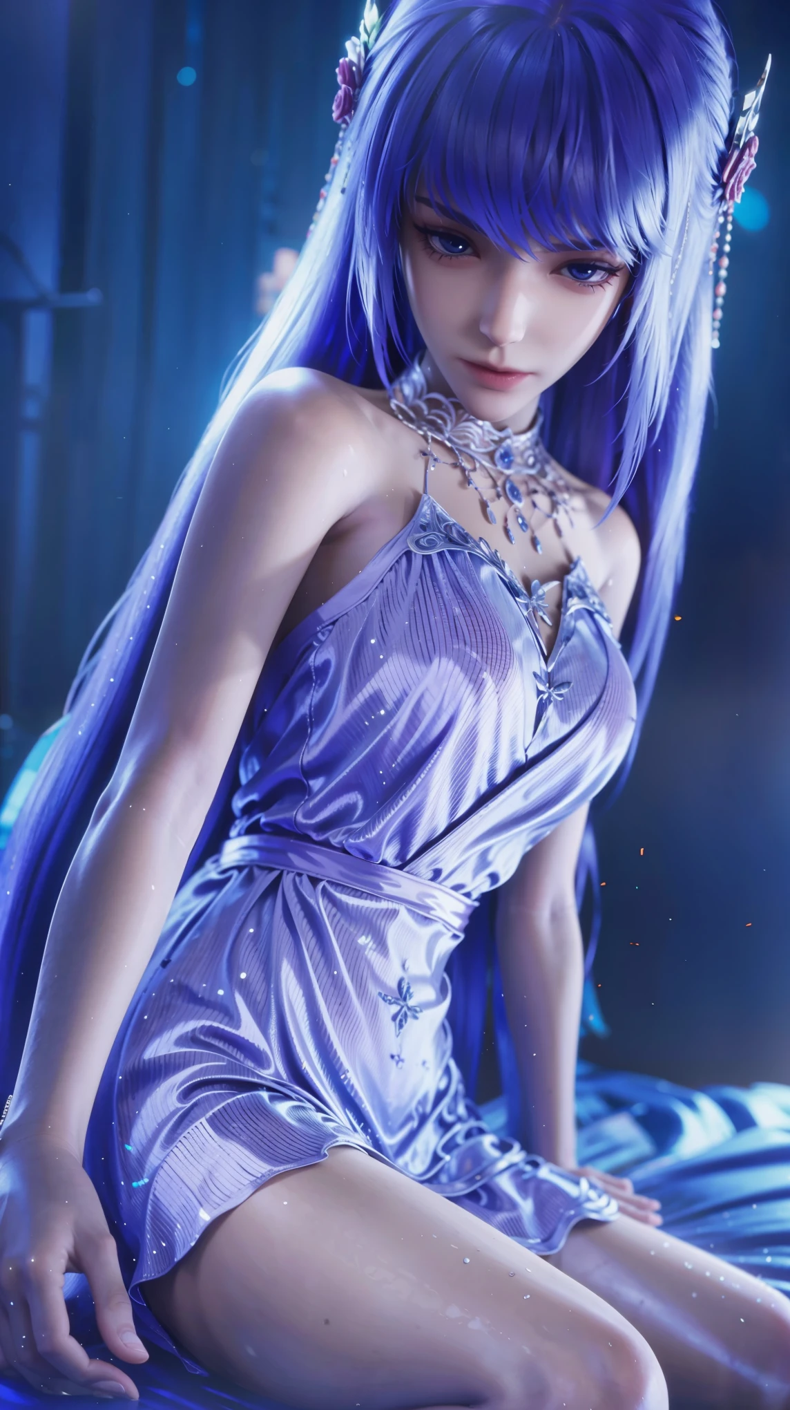 A beautiful young woman,Long hair,Wearing pajamas,Sitting on the bed,barefoot,Wearing a dress,Side-lying,Cross-legged,Full body shot,(Best picture quality,4K,8K,high-definition,excellent work:1.2),Ultra Detail,(Realistic,Realistic,Realistic:1.37),Delicate eyes,Delicate lips,Extremely detailed face and eyes,Long eyelashes,Natural light,Warm colors,Soft Focus,portrait,Chiaroscuro,Deep scene,Jade Hands,Clear fingers