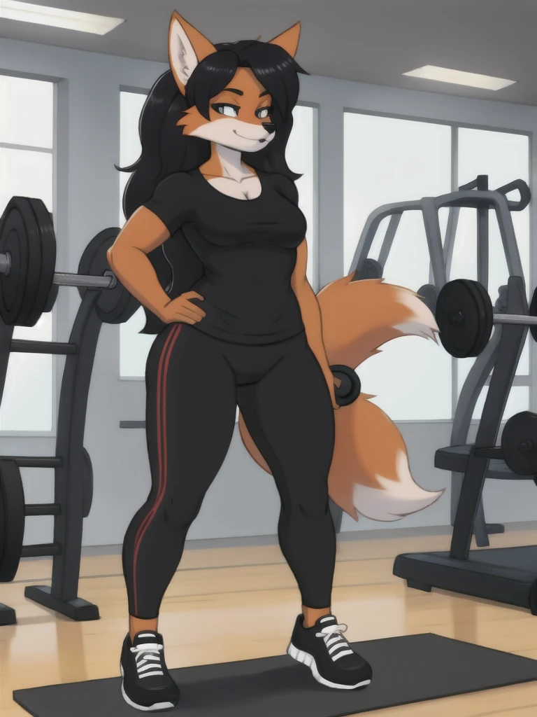 Furry, fox, female, black shirt, black leggings, shoes, gym, teen, standing, full body