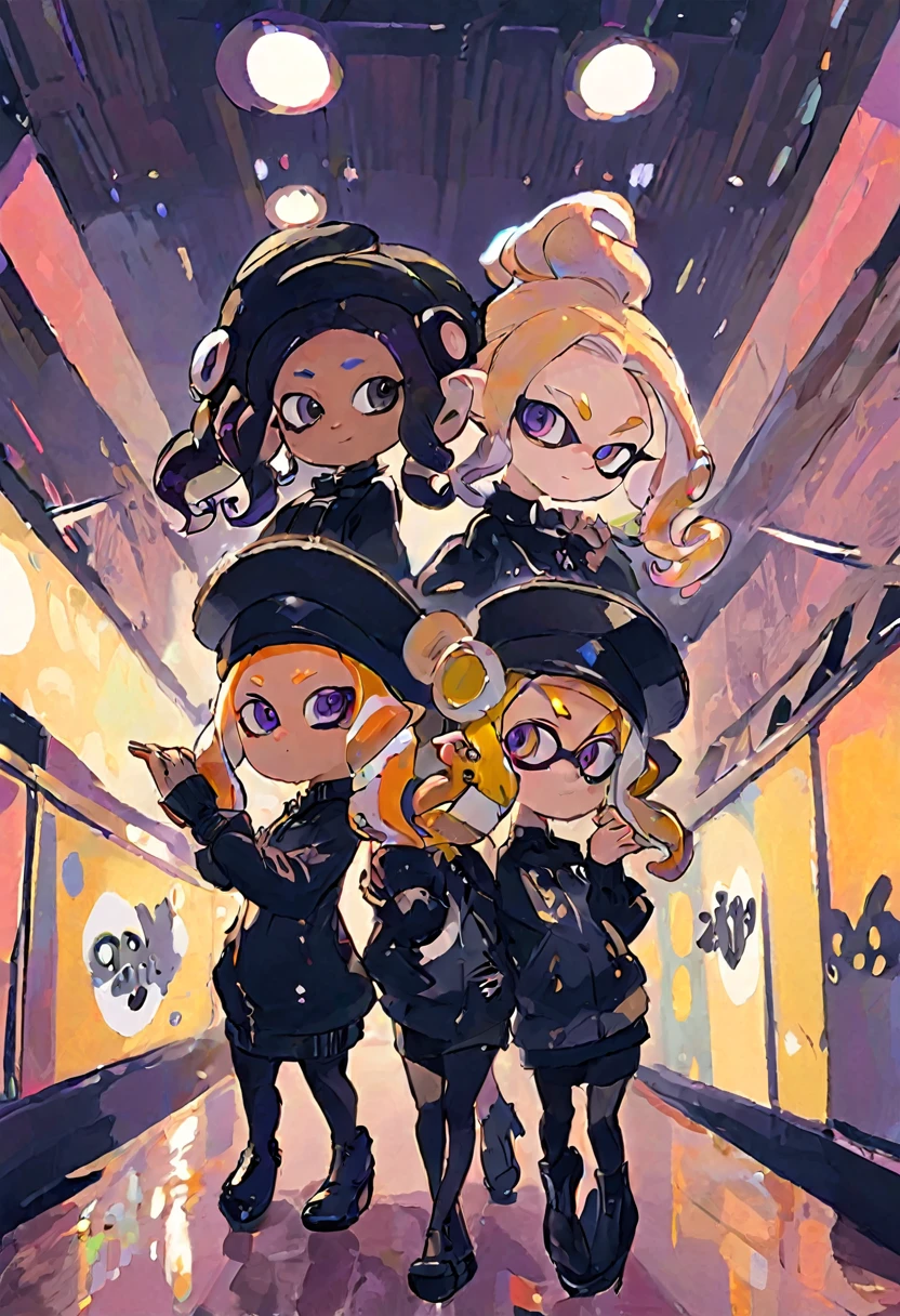 Splatoon idol trio, octolings and inkling, mixed race, black outfits