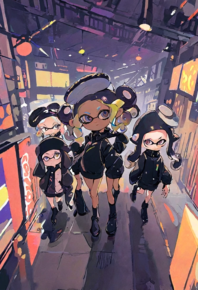 Splatoon idol trio, octolings and inkling, mixed race, black outfits