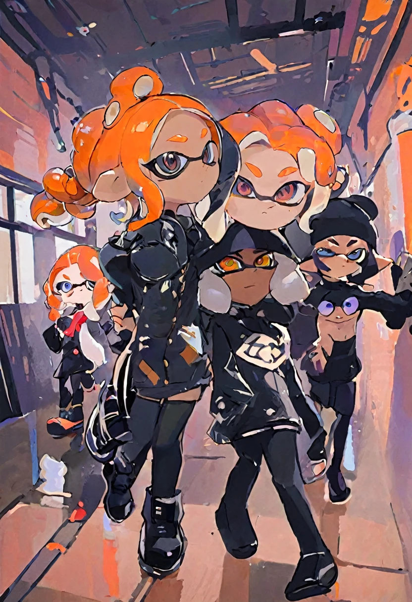 Splatoon idol trio, octolings and inkling, mixed race, black outfits