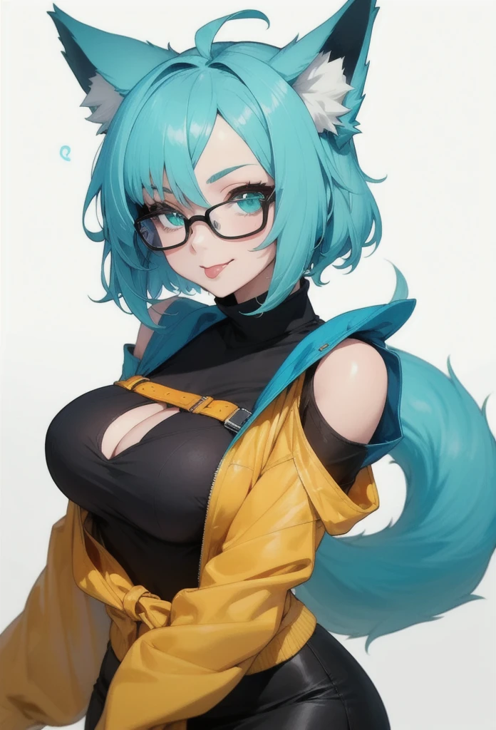 (Masterpiece, Best Quality), a woman on a white background, her short hair with a blue stripe in the center of the head and at the back of the hair and blue, (show the entire part of your head without cutting off your ears), beautiful face, she uses glasses, large breasts proportional to the body, Voluminous body, (1 girl, Alone:1.3), blank background, medium shot, Upper part of the body, detailed face ,anime style smile, perfect and detailed anime style mouth without flaws, sleeves that match the outfit, ,black shirt, She is wearing a short black skirt. tongue out, blonde hair with blue highlights, fox ears, beautiful sexy body, abundant body, Beautiful thighs, one lens, beautiful green eyes, wears cyan blue jacket, blue stripe in the middle of his head, anime style character, White background, Ella está parada looking ahead, normal forward position, looking ahead, muestra de fox ears, without cutting body parts, visible body, DON&#39;T LET THE IMAGE CUT PART OF THE BODY, she is wearing a cyan blue jacket with a short black skirt, her body is beautiful and young, the lock of hair in the middle of his head is blue and the back of his hair is also blue,
