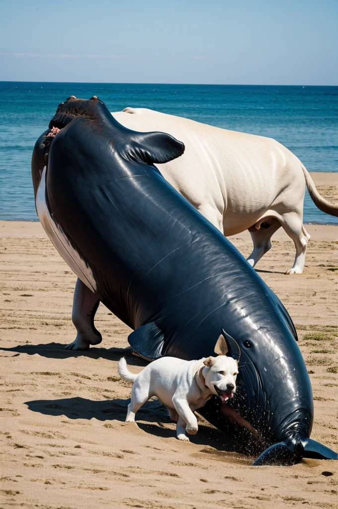 (nude furry four footed white bull with red penis) full body, on deserted beach