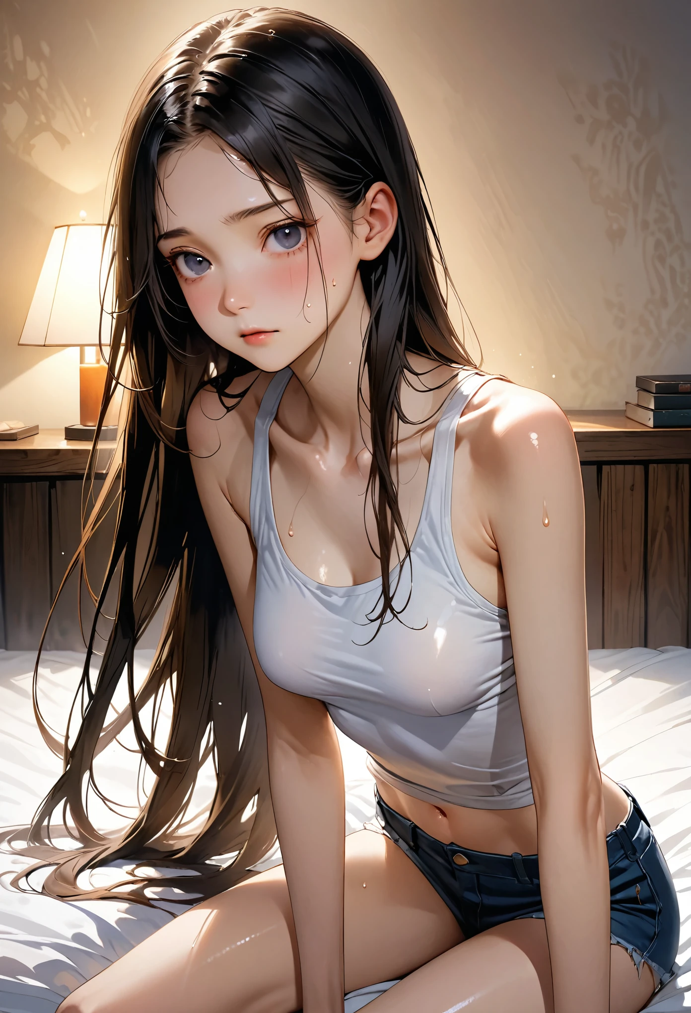 ((masterpiece,Highest quality;1.3,best illustration,realistic)),1woman、独奏,18 year old beauty,((very small head:1.1)),(center parted bangs),black hair,long hair,black eyes,gorgeous eyes,shy,medium breasts,((very long body)),((toned body,slender body,skinny)),gleaming skin,shiny skin,oily skin,sweat,White tank top、navel、denim micro shorts、Simple bed、Simple bedroom、Dimly lit room、Tokyo、