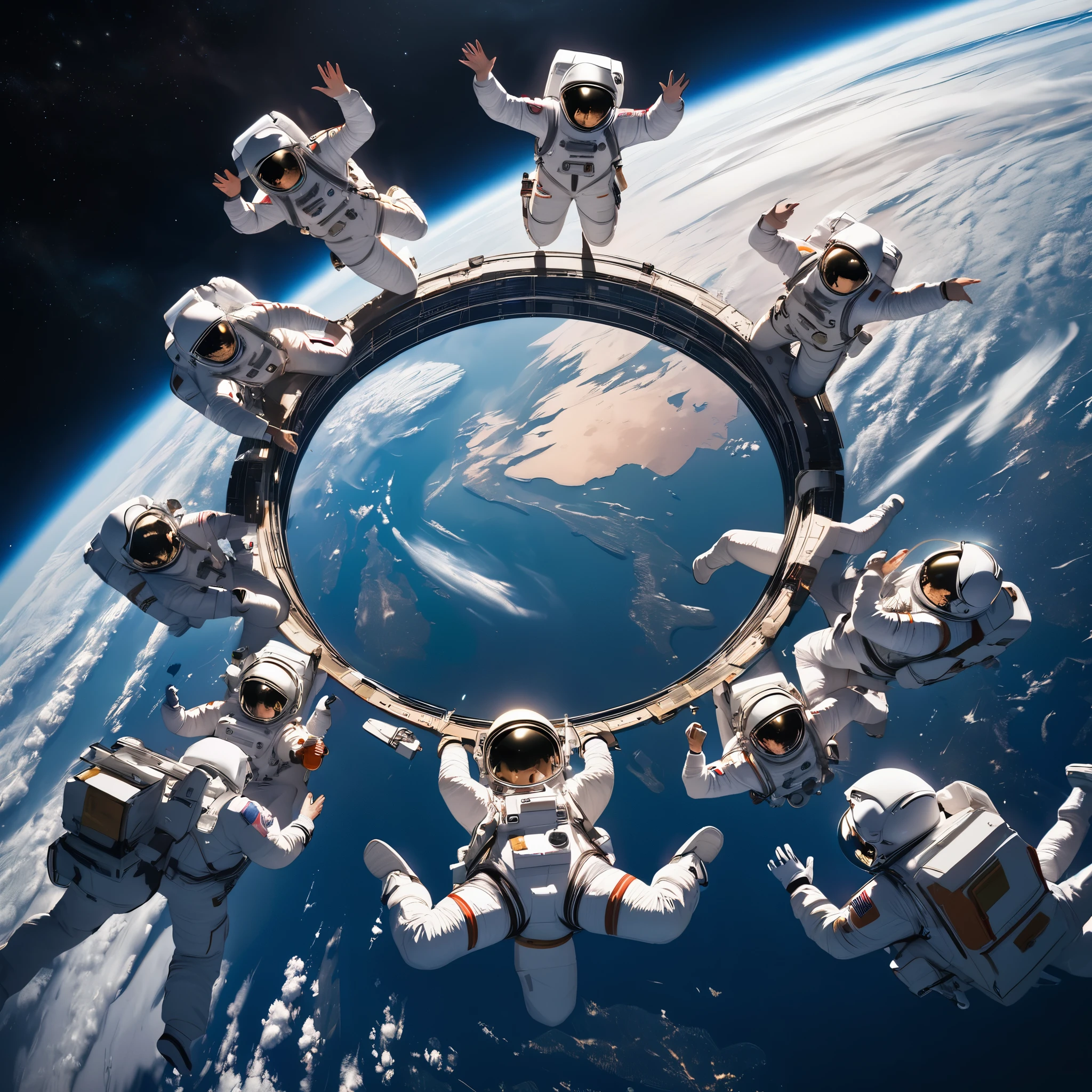 from above, best quality, super fine, 16k, RAW photo, 2.5D, delicate and dynamic depiction, several astronauts in a circle and floated in space, like formation skydiving, galaxy, magnificent view