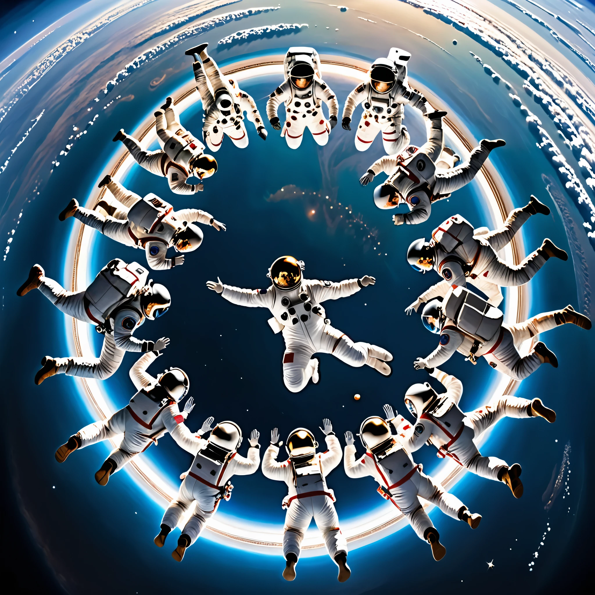 from above, best quality, super fine, 16k, RAW photo, 2.5D, delicate and dynamic depiction, several astronauts in a circle and floated in space, like formation skydiving, galaxy, magnificent view