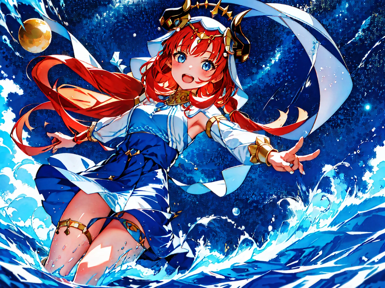 Extremely detailed representation，high quality，16K、8K、high resolution、masterpiece、1 Girl、Please open your mouth wide、Please laugh out loud、Beautiful Teeth,Look up at the starry sky,Floating on the surface of the water,Floating on water,stars shining on the water surface,Calm water surface,White Dress,Redhead,Black two horns,The perfect human body