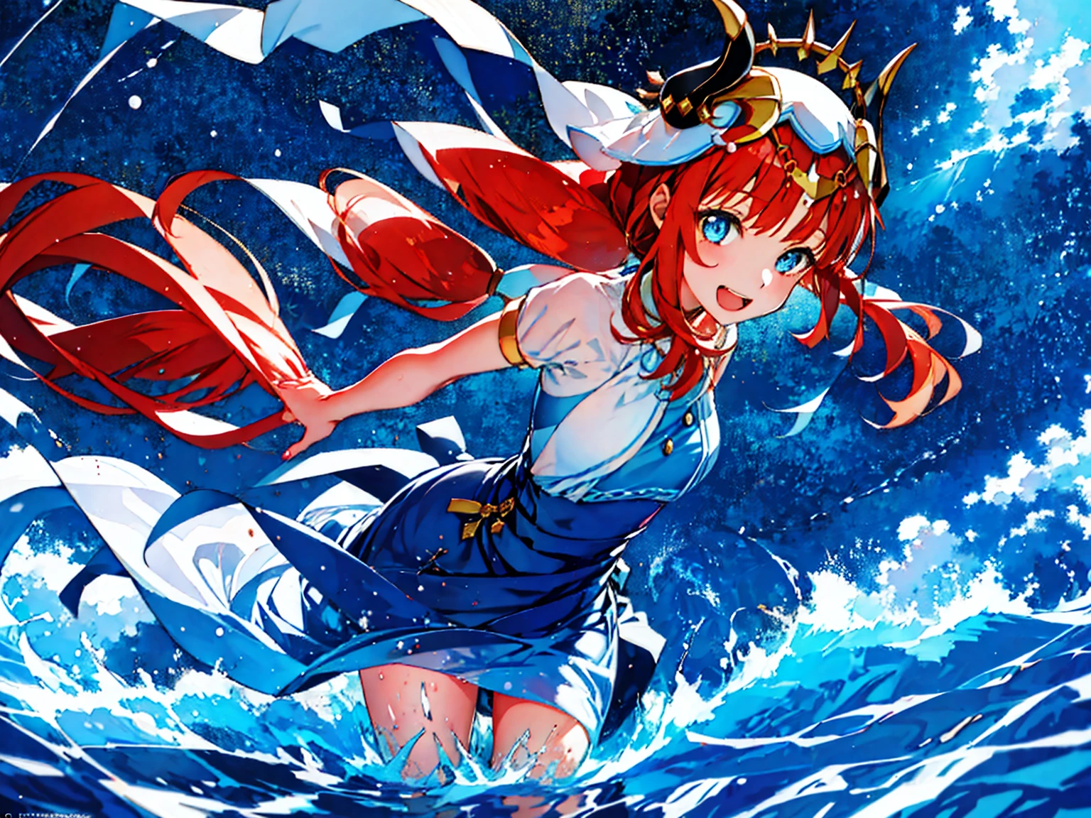 Extremely detailed representation，high quality，16K、8K、high resolution、masterpiece、1 Girl、Please open your mouth wide、Please laugh out loud、Beautiful Teeth,Look up at the starry sky,Floating on the surface of the water,Floating on water,stars shining on the water surface,Calm water surface,White Dress,Redhead,Black two horns,The perfect human body