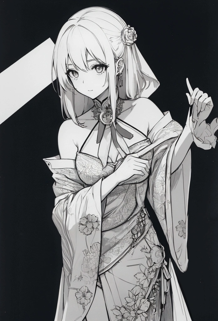 M.C. Escher style detailed fine lines. Black and white. Anime styled eyes. Side View. Very detailed. 18 year old with huge tits. samurai amour. exposed belly button and exposed breast. nipples showing. only sleeves. thong. Comic panel taking off clothes