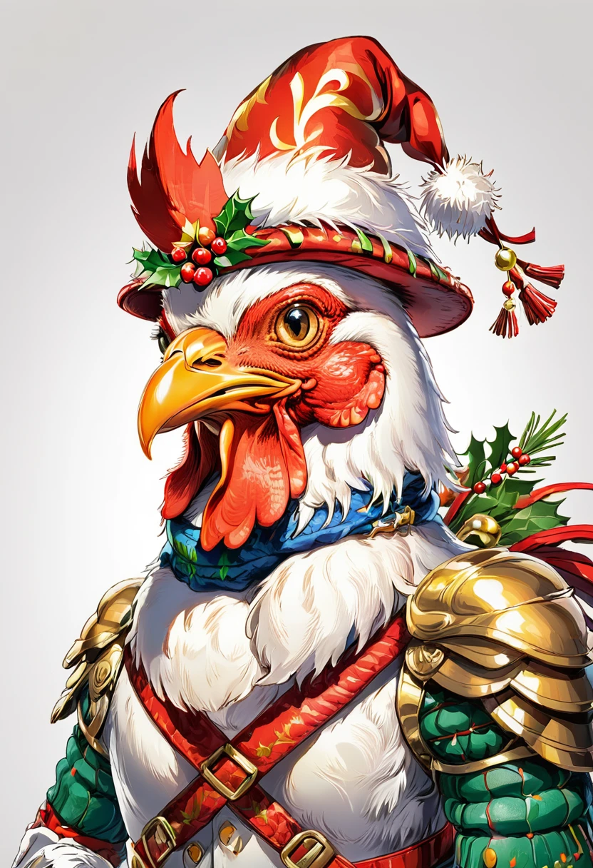 Christmas Chicken Majestic，Full of momentum，Firm eyes，Wearing armor，Wearing a scarf and a hat，HD，White background，8K，超HD画质，Masterpiece，Natural texture，Elegant and clear lines，