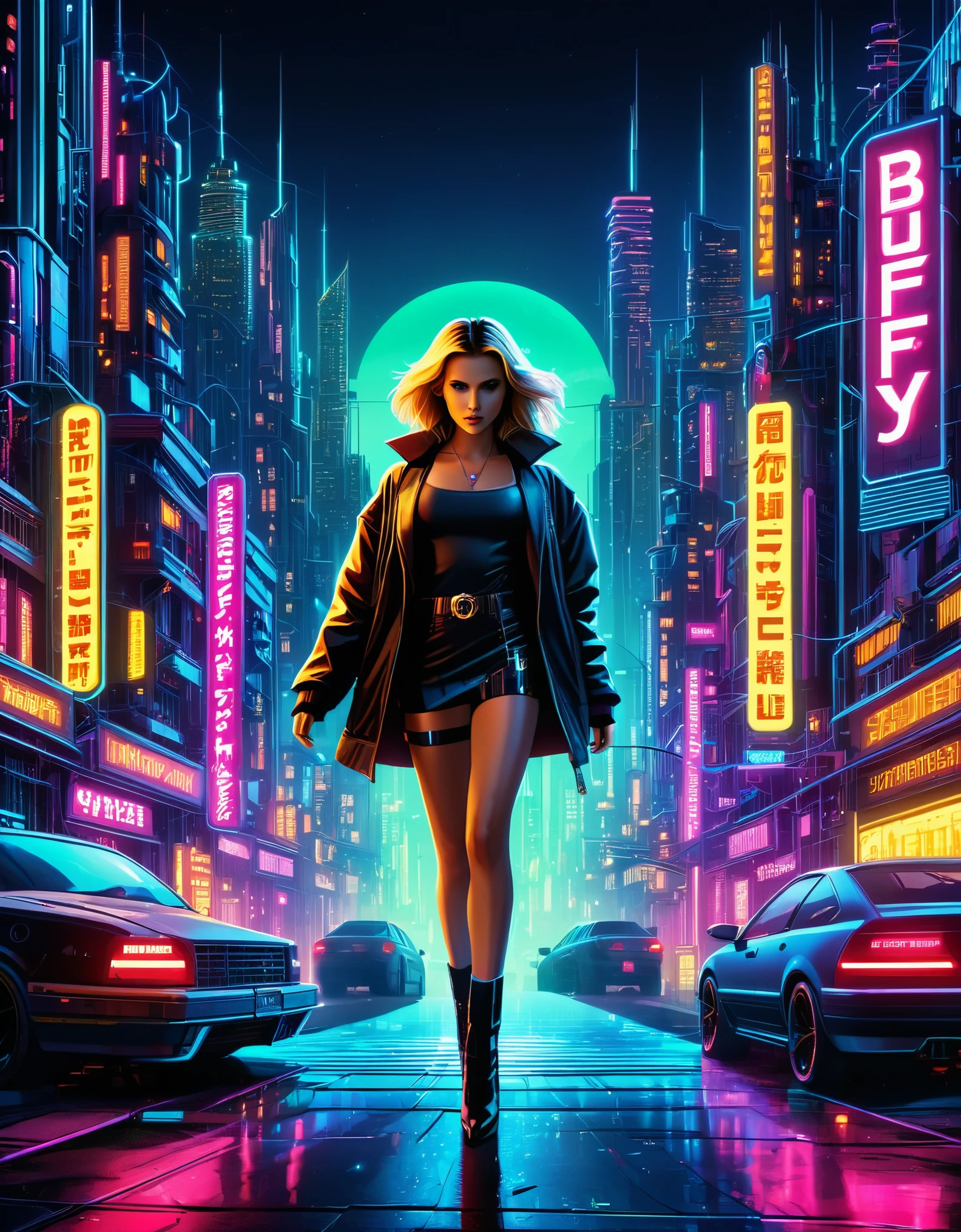 Marilyn Monroe in a cyberpunk setting, with neon lights, metallic textures, and a high-tech, futuristic vibe. Hyper-realistic photo, vibrant colors, 16k