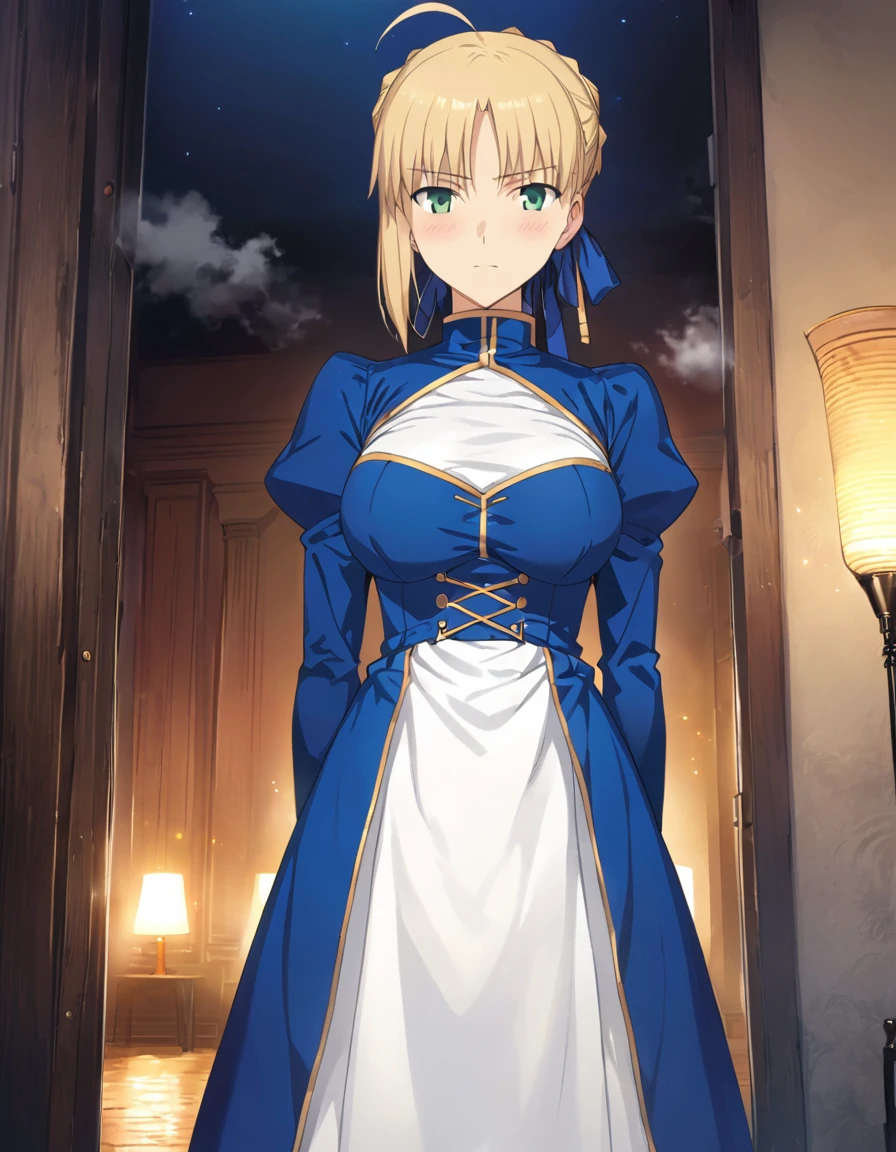 best quality, amazing quality, very aesthetic, 1girl, saber, fate/stay night, 1girl, saber, fate/stay night, , (artist official art:1.5), french braid bun hair, ahoge_hair, green eyes, steaming body, large breasts, jitome, cinematic light, official_blue_long_sleeve_royal_dress, stand_up_straight, arms_behind, on the bedroom, kuudere_face, blush, night, looking_at_viewer, oily_skin, cool, from_front