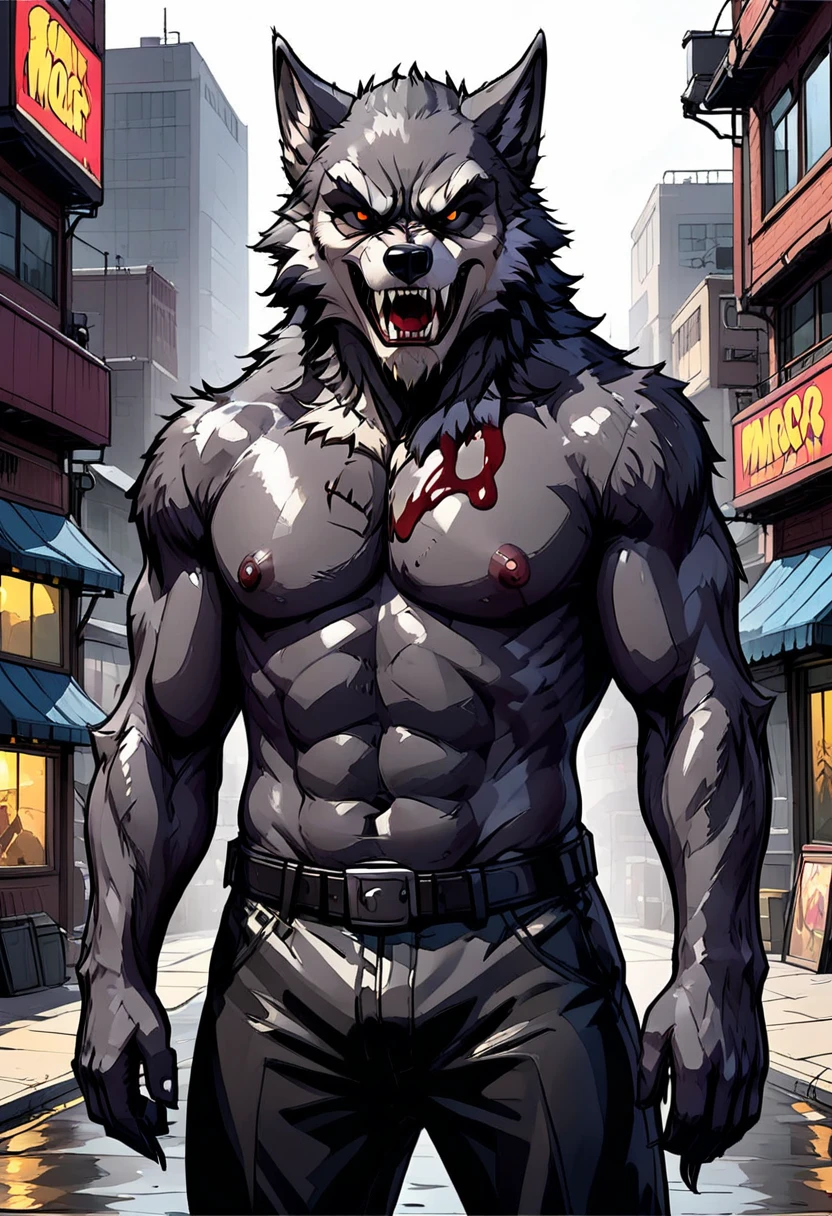 evil male demon, dark gray wolf o'donnell, Angry moral sexy werewolf, Werewolf, muscular werewolf