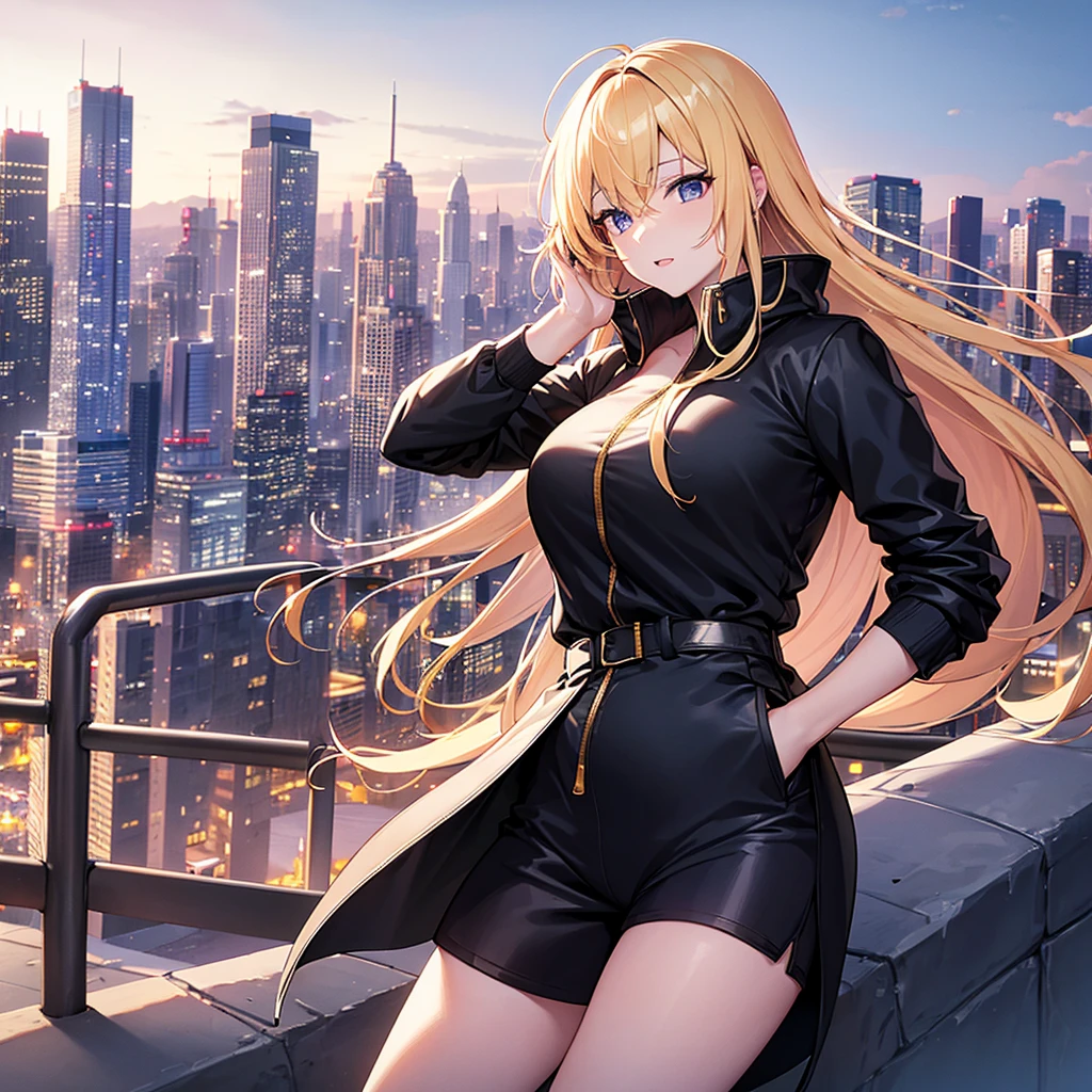 Una mujer con traje de sirvienta , big breasts, wearing a cape, long blonde hair, ojos morados, with the city in the background, perfect quality, masterpiece, ultra resolution, very detailed, 4k hd.
