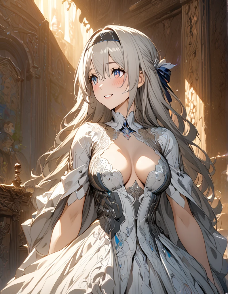 beautiful girl, long grey hair, beautiful face,smiling,close up to hips, beautiful breast, standing Infront of altar , (open mouth:0.4),illustration,detailed textures(realists),ultra-detailed,portrait style,vivid colors,soft lighting, blushing, mature, hair fluttering, evening light , head band, ((half body)), no bra, cleavage, wearing intricate two tones wedding dress, perky. ((side profile:1.2)), blushing