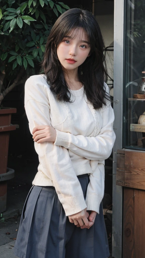 ((highest quality、8k、masterpiece:1.3)),((((fullbody shot)))),Ultra-high resolution,big eyes,Japanese,bangs,(a girl),(1 girl),((20 years old)),((facing at viewer)),(long hair),(((black sweater))),grin,((squatting)),(pleated mini skirt),(((pussy))),((pubic hair)),((skirt lift)),(((short crew socks)))