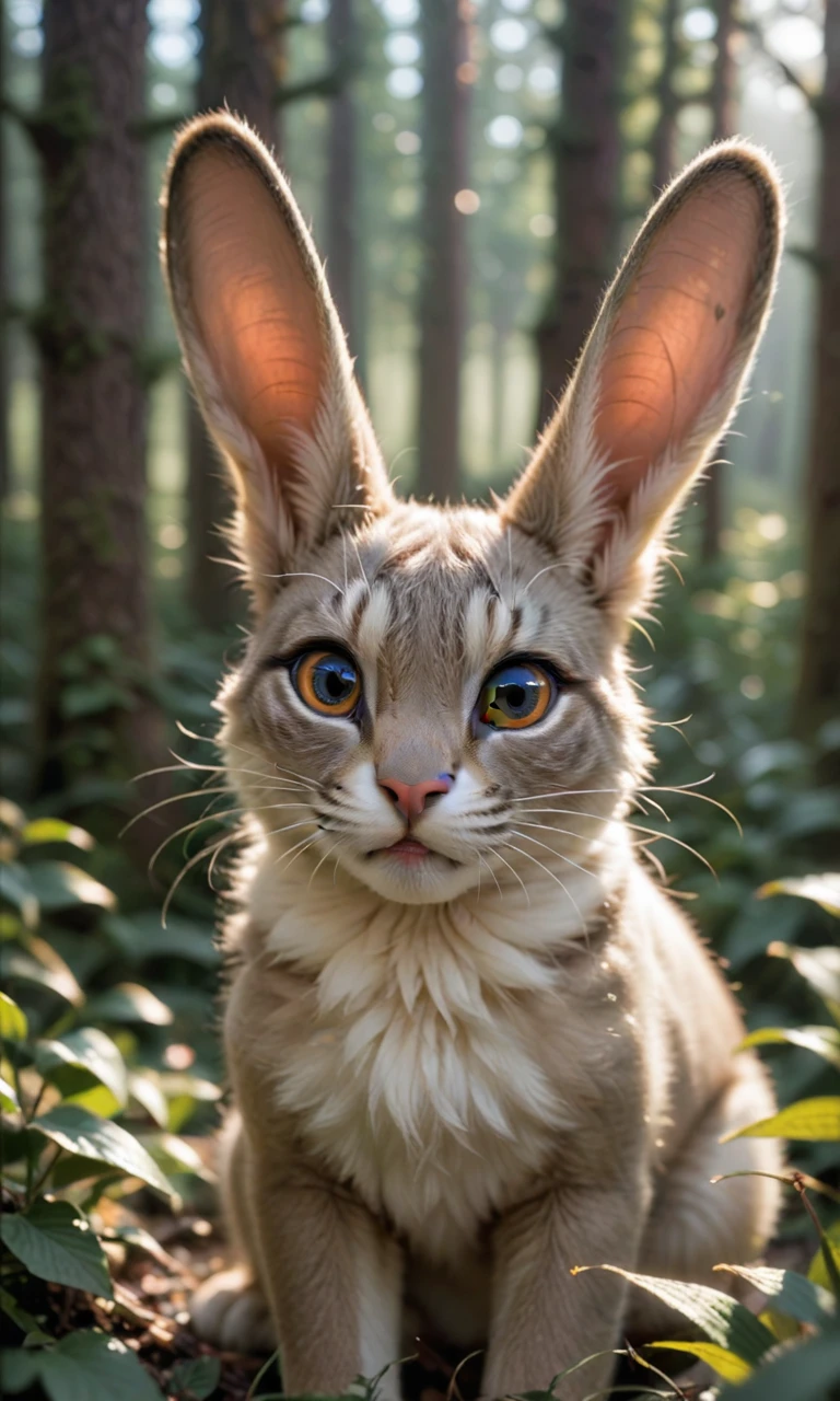 score_9, score_8_superior, score_7_superior, close superior photo of a rabbit, forest, mist, Halation, bloom, Dramatic atmosphere, In the center, Three-part method, 200mm 1.4F Macro photography