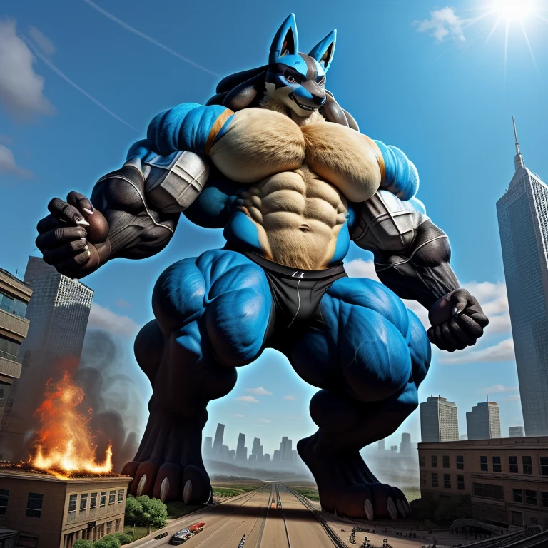 (masterpiece. official art. 8k. best quality. detailed full body. full body.)
(situation 1 : dominating mega lucario. focus GIANT mechanical Muscular mega lucario is trampling the CITY. macro. stomp. Low-angle perspective. emphasizing the immense size. The perspective is from below, emphasizing the sheer majesty and power of the Giant. giant art. He is much bigger than a skyscraper. Giga Giants. micro soccer field. looking down.)
(situation 2 :smoke and flames rising from the destruction in the city)
(Additional details 2: Detailed head. Detailed Body. Detailed abs. gigantic muscles. HYPER MUSCLES. Gigachad Muscular. big muscle. pecs. triceps. traps. unusually developed muscular body. body full of huge muscles. showing off muscles. pectorales enormes. Exaggeratedly huge muscles. huge muscles. long legs. Chest spikes.).