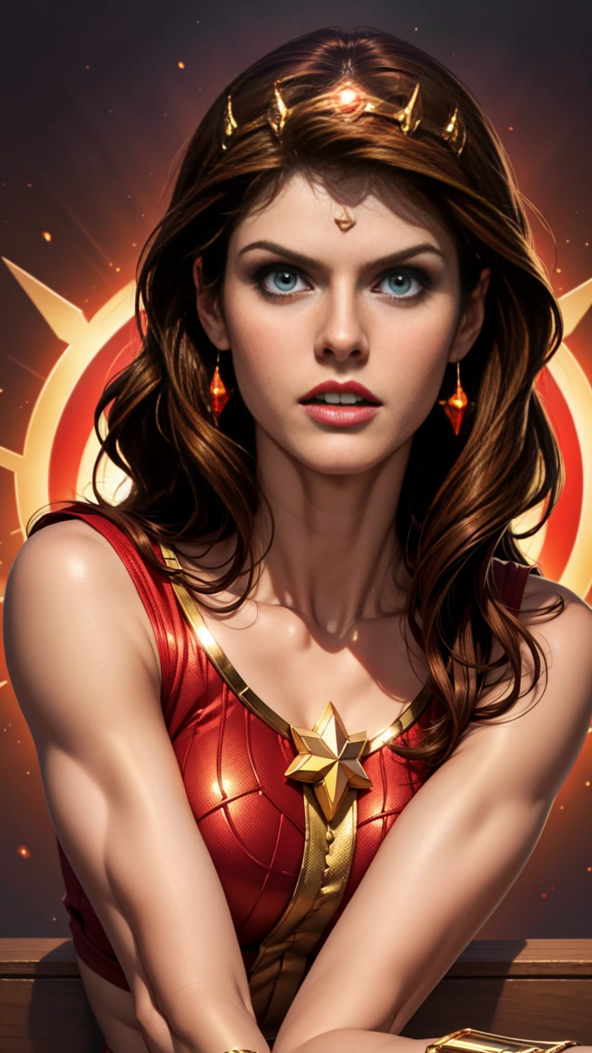 Alexandra Daddario as a beautiful female superhero , green eyes brown hair, hypdertailed, red harvest shirt, with a golden star, wears a golden tiara on her forehead with a red jewel on her head , gold bracelets, Long red boots, and little red shorts photo portraits by artgerm, no estilo do realismo, shining skin, cartooncore, Mangacore, natural lighting, Defined full lips. Muscular fitness female body