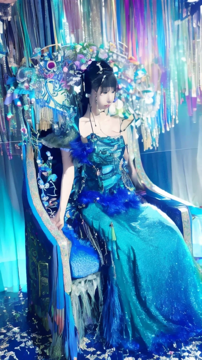 a woman in a dress sitting on a peacock feather covered chair, a beautiful fantasy empress, ((a beautiful fantasy empress)), sha xi, gorgeous lady, ethereal beauty, fantasy long intricate gown, ruan jia beautiful!, dilraba dilmurat, intricate fantasy dress, ethereal fantasy, xianxia fantasy, full body xianxia, gorgeous woman
