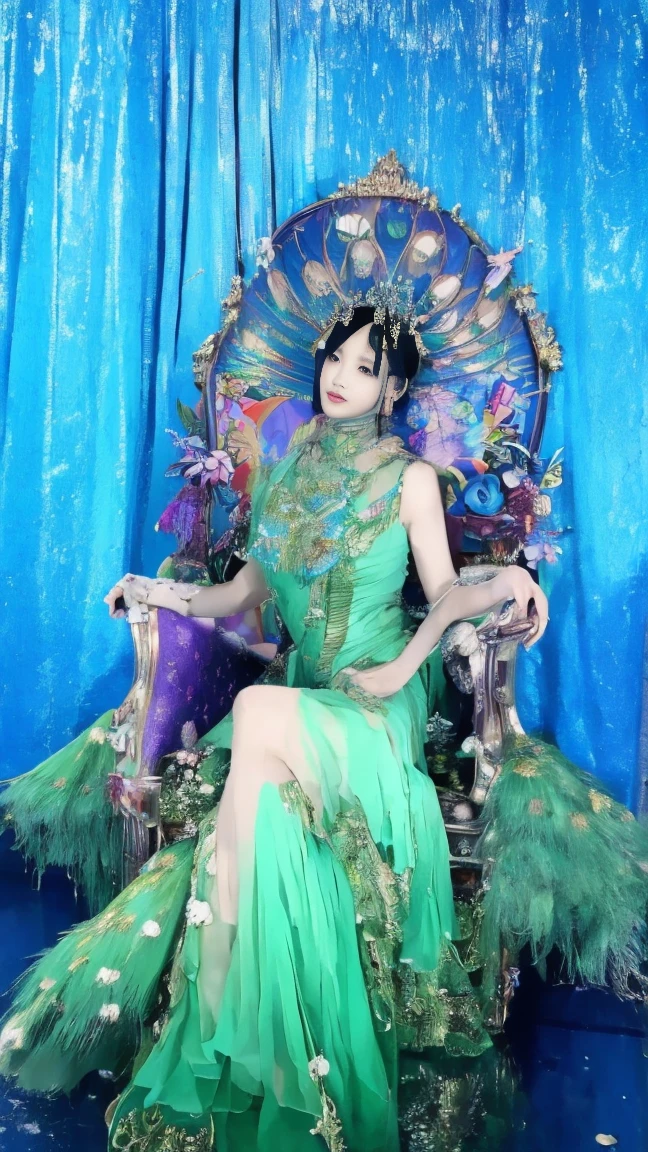 a woman in a dress sitting on a peacock feather covered chair, a beautiful fantasy empress, ((a beautiful fantasy empress)), sha xi, gorgeous lady, ethereal beauty, fantasy long intricate gown, ruan jia beautiful!, dilraba dilmurat, intricate fantasy dress, ethereal fantasy, xianxia fantasy, full body xianxia, gorgeous woman
