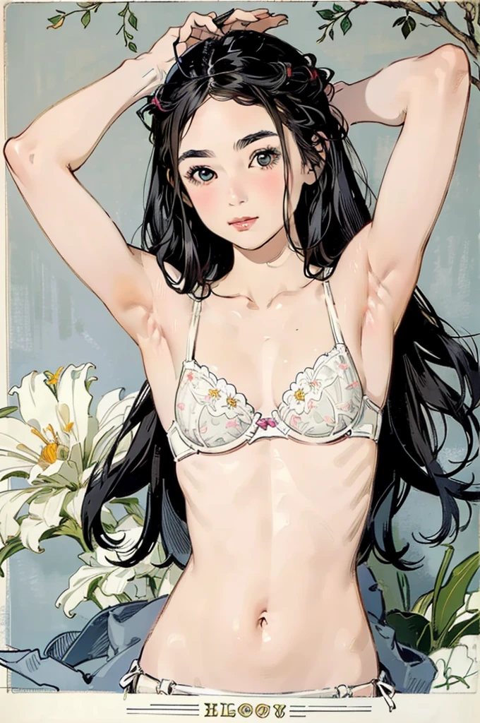 Detailed Background,Mucha style、Art Nouveau、Botanical Art,Flower Art,(Floral:1.2), (masterpiece, Highest quality),Vi良いnt colors,colorful, Highest quality, Amazing details, Anatomically correct, Line art, Written boundary depth,Flat Shading,Bokeh, girl, , ((Thin flat chest:1.2)), White bra、((Showing off your armpits)),Pussy, Expressive eyes、Perfect Face。 Black hair parted in the middle、she has a wide forehead。Embarrassing、She is blushing。Browsing Caution