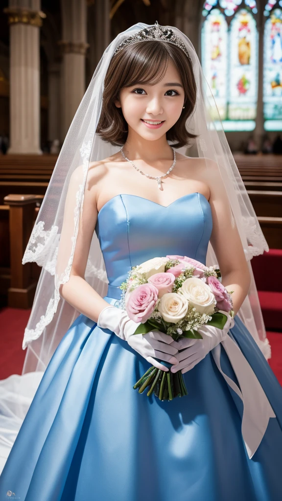 1 girl, smile, shiny skin, delicate face, best quality, masterpiece, (realistic: 1.4), wedding dress, random hairstyle, perfect figure, small breasts, princess