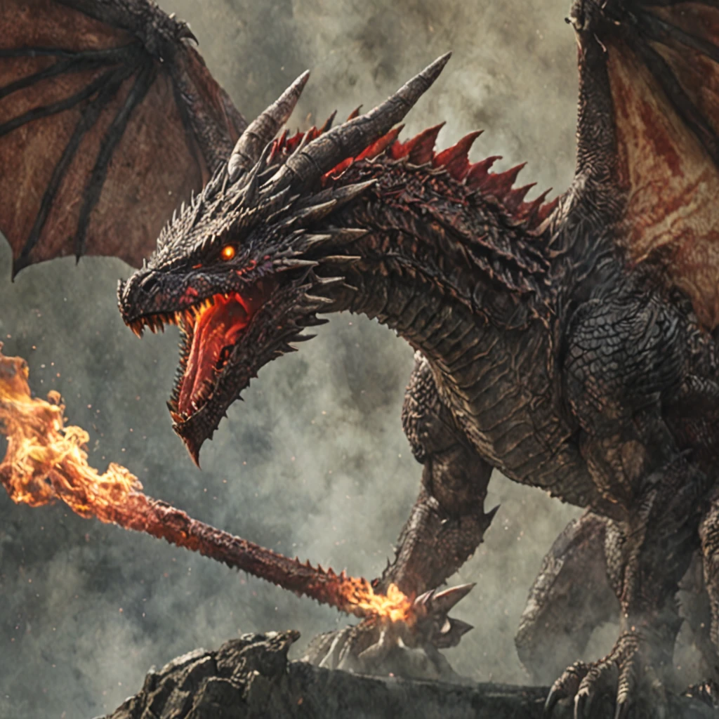 a huge, photorealistic dragon with detailed scales, glowing eyes, smoke and flames billowing from its mouth, devouring a smaller red dragon in the air, cinematic film grain, 4k, ultra detailed, high quality