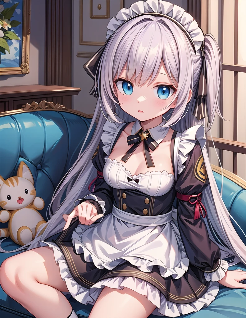 Anime girl sitting on sofa，There is a cat on his lap, from Girls Frontline, Fine details. Girls Frontline, best anime 4k konachan wallpaper, Anime girl in maid costume, anime barbie doll white , Ink art animation , Attractive anime girl, From the Azur Lane video game, anime maid ss military, Girls Frontline style