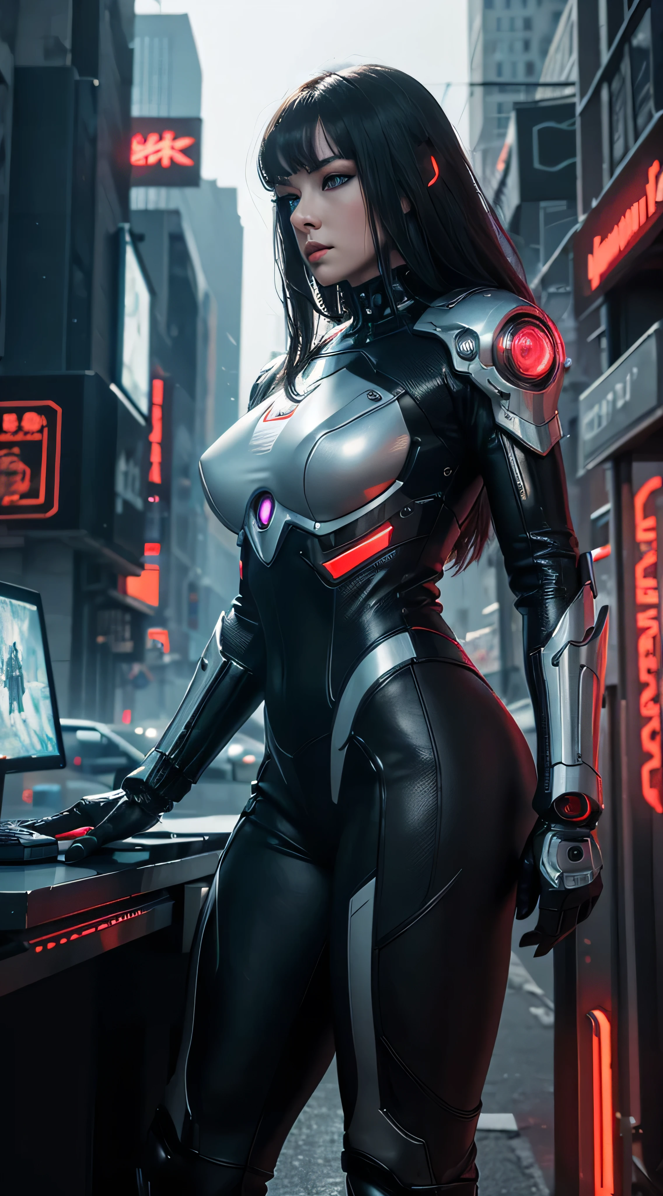 Dark_Fantasy,Cyberpunk, (Best quality, Masterpiece),white,1man,Mechanical marvel,Robotic presence,Cybernetic guardian,wearing a cybernetic jacket,city, highest quality digital art, Stunning art, wallpaper 4k, highly detailed, military robot,army, warzone,black and white, highest quality digital art, Stunning art, wallpaper 4k,8k,64k, HD, unparalleled masterpiece, dynamic lighting, cinematic, epic, damaged mechanical parts