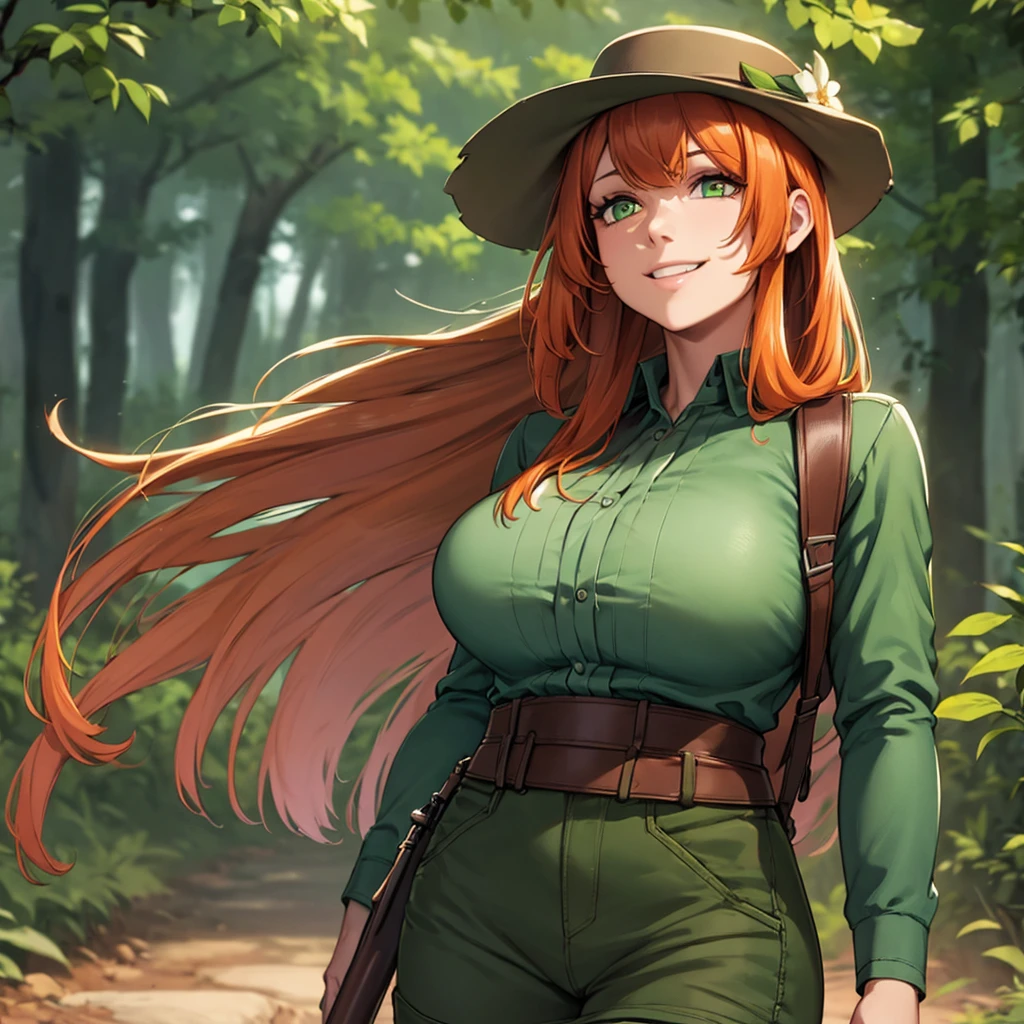 A woman wearing a ranger uniform, moss green shirt, shorts with army camouflage, ranger hat, walking on a dirt forest walk, arm band, orange red hair, long hair, green eyes, smiling, standing posture, forestry very detailed, bloom, big breasts, .UHD , prime work , accurate , anatomically correct , textured skin , super details , high quality , best quality, 8k, high resolution, bokeh effect. (woman solo), close view.
