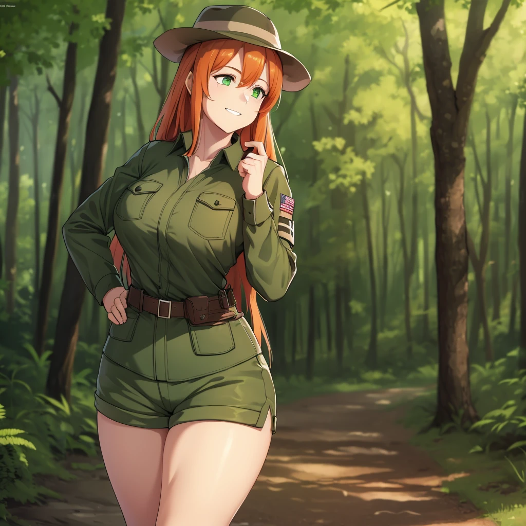 A woman wearing a ranger uniform, moss green shirt, shorts with army camouflage, ranger hat, walking on a dirt forest walk, arm band, orange red hair, long hair, green eyes, smiling, standing posture, forestry very detailed, bloom, big breasts, .UHD , prime work , accurate , anatomically correct , textured skin , super details , high quality , best quality, 8k, high resolution, bokeh effect. (woman solo), close view.
