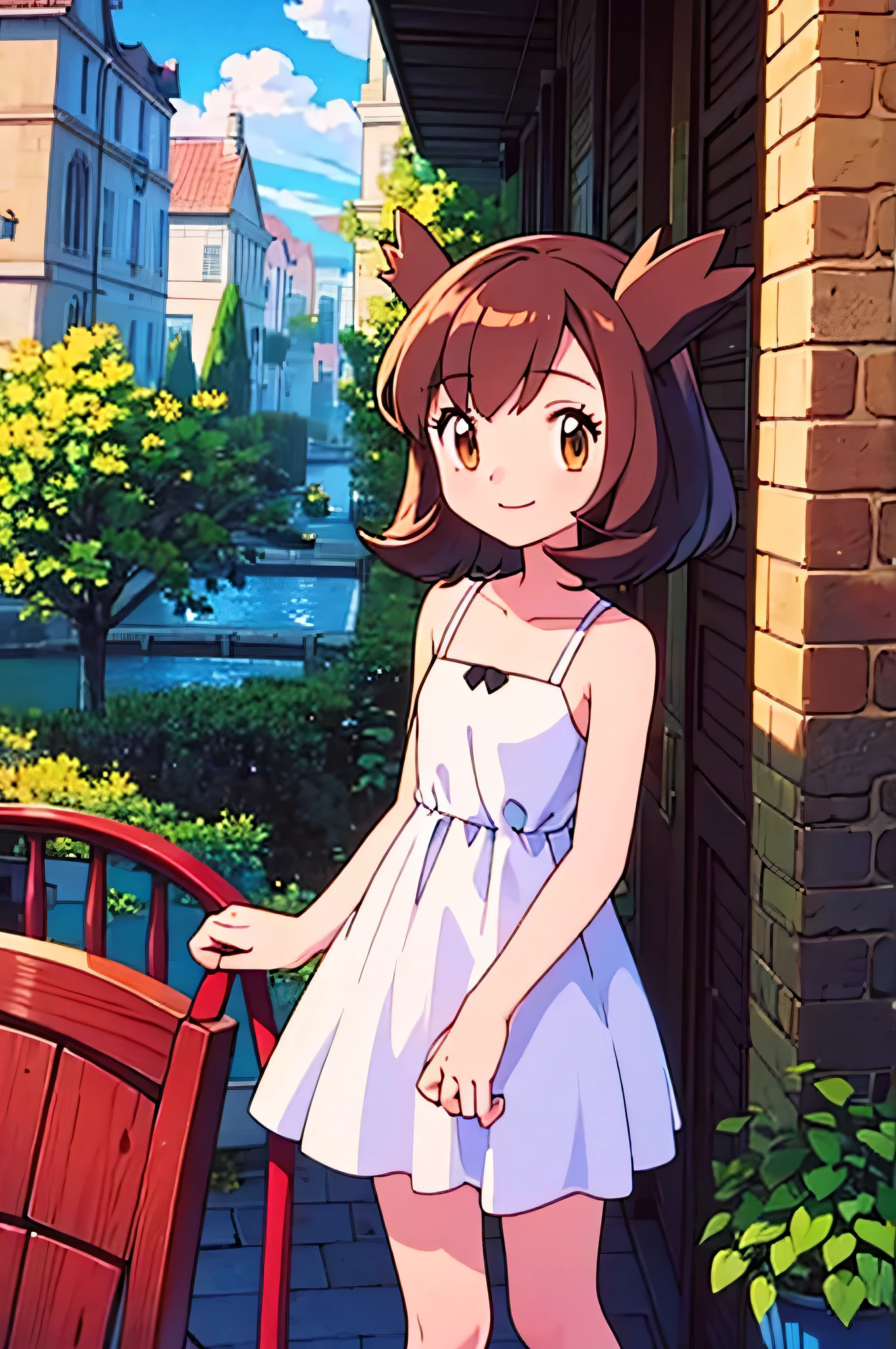 masterpiece, best quality, ultra-detailed, illustration, beautiful detailed eyes, very detailed illustration, cinematic lighting, 1 girl, solo, Pokemon Heroes (Bianca), Brown Hair, brown eyes, 1 girl, solo, sleeveless, collarbone, Pink Camisole dress, pink dress, intricate details, sharp focus, high resolution, the background of beautiful garden on a beautiful night, full moon, outside, smile, standing near a large water pool, arms behind back, anime style, ultra-detailed, hdr, far at the bottom, in the center, Close up
