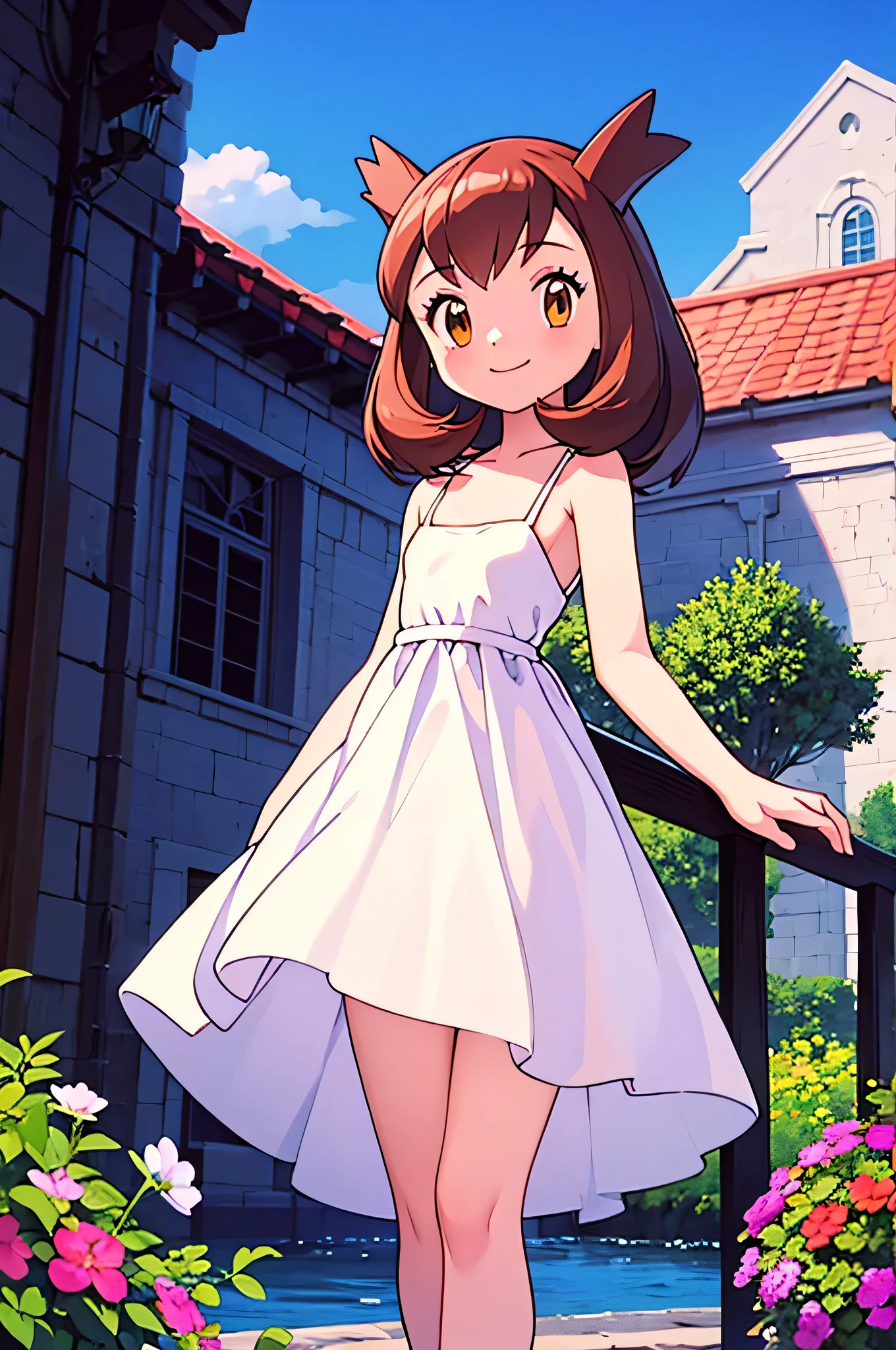 masterpiece, best quality, highres, outdoors, small breasts, 1 girl, Solo, Pokemon Heroes (Bianca), Brown Eyes, Beautiful Detail Eyes, Brown Hair, hands are down, Smile, Bare Neck, Bare Shoulders, white sundress dress, light smile, intricate details, sharp focus, high resolution, sunlight, standing straight, outside the Mansion, and a beautiful garden, a lake, cowboy shot, blue skies and clouds, cinema lighting