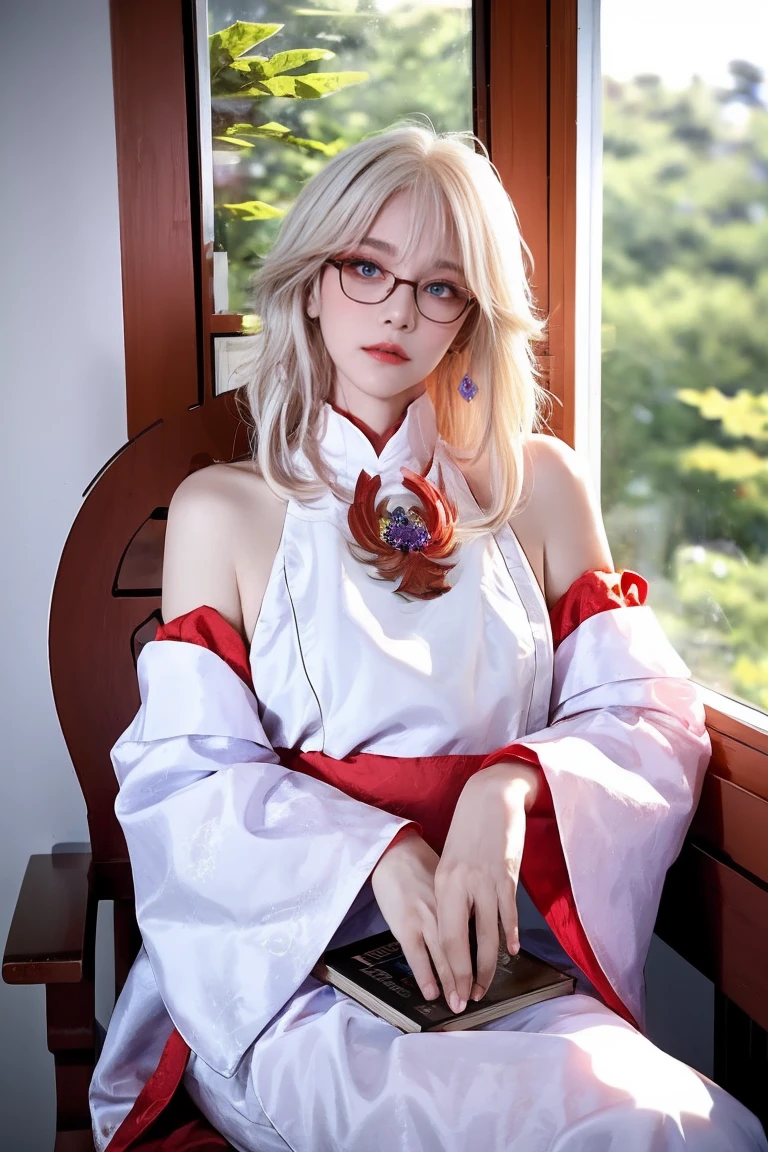 korean, milky white tender and glossy skin, deep violet eyes, albino, beautiful 39  years old female, tender delicate cute narrow face, neat and straight platinum blonde hair, wearing white casual clothes jewelry and glasses, sitting on chair by the window in bedroom of house in a forest reading a book