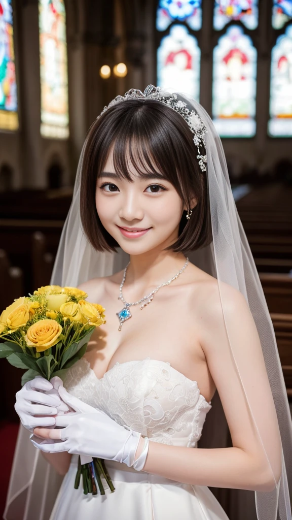(best quality:1.5), (Practical:1.5), (1 person:1.5), (Medium shot:1.5), Very detailed, high resolution, 8k wallpaper, , Small Breasts, Natural lips, Lovely smile, Japanese women, 20 year old girl, Beautiful and elegant face, Perfect beautiful face, big eyes, brunette eyes, Beautiful and elegant face, Perfect and beautiful double eyelids, Natural bangs, Beautiful and slender nose, beautiful skin, Chestnut hair, medium length bob hairstyle, shortcut, Natural bangs, Perfect beautiful face, Slim face and figure, (Looking at the camera), Bright Lights, Professional lighting, forward lighting, Natural smile, church, Princess line wedding dress, Headdress、Hold the bouquet to belly height、(Large Breasts、(((Cleavage))) photography, 8k, HDR, high resolution, absurd:1.2, Kodak Portrait 400, Film Grain, Blurred background, Bokeh:1.2, lens flare, (Full of energy_color:1.2),专业photography师