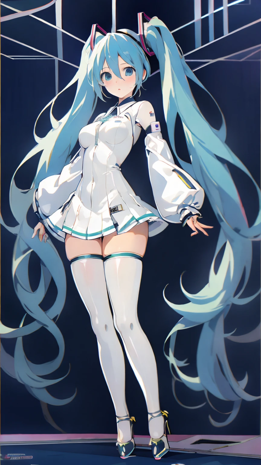 ((Hatsune Miku)), Cute outfit, twintails, high-leg leotard, high heels, ((race queen)), ((race circuit)), Mercedes-Benz, standing pose, high quality, high resolution, anime illustration