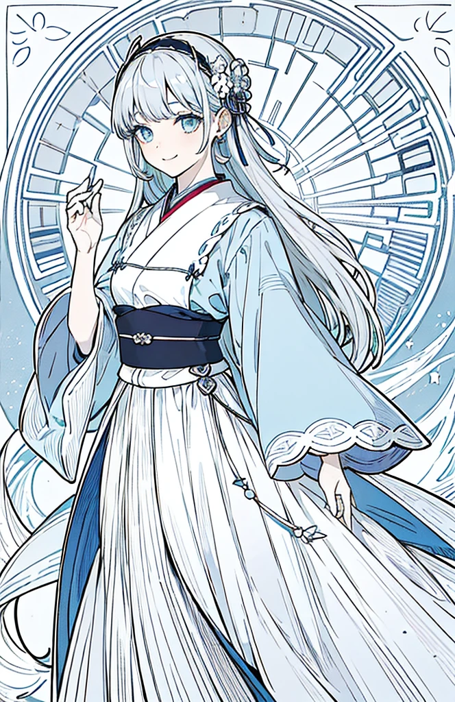 ((Highest quality)), ((masterpiece)), (Get used to it), Perfect Face , beautiful girl ,Gray Hair、White light blue eyes、1 white/light blue hair accessory、Japanese clothing、earrings、Long Hair、smile,From the chest up