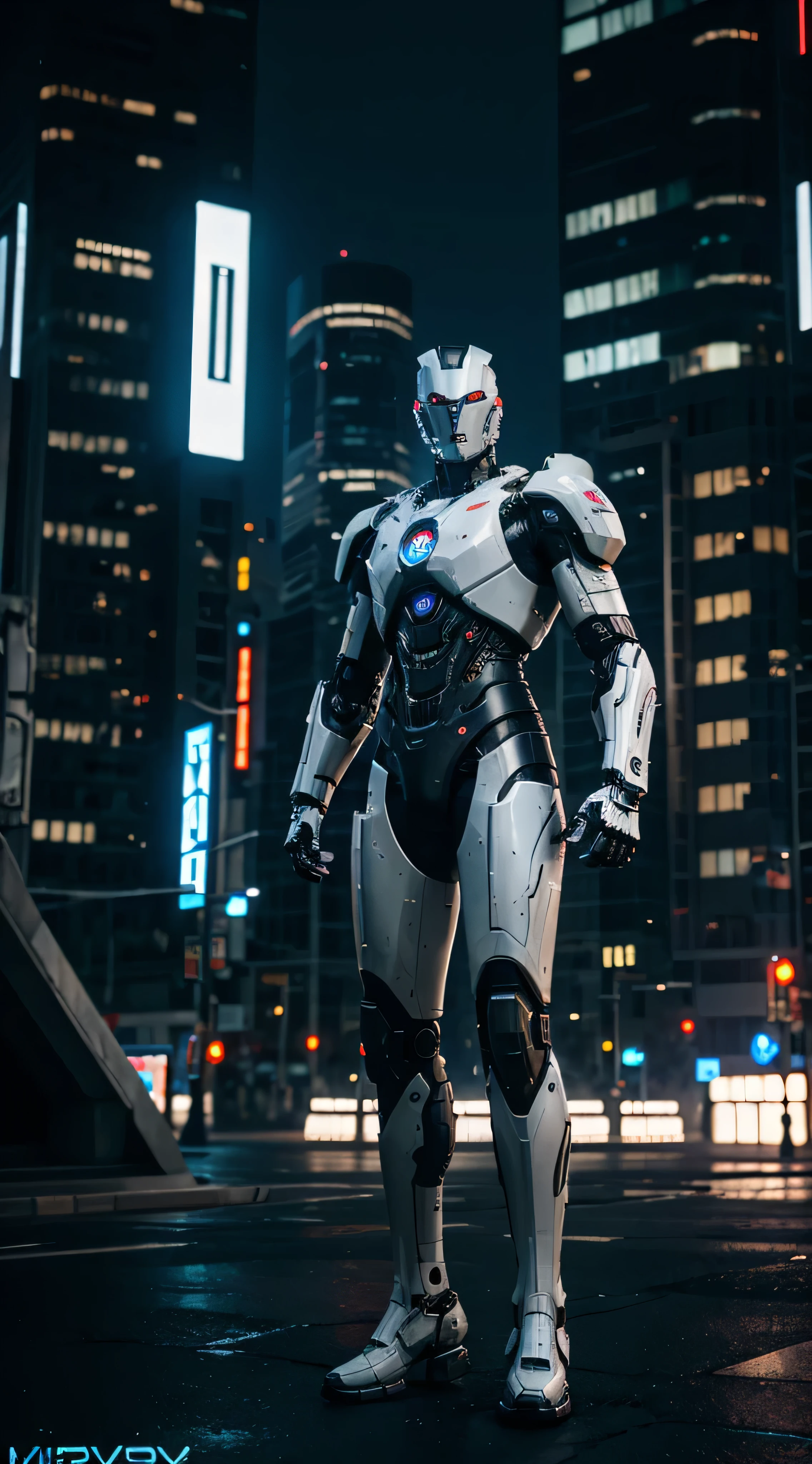 Dark_Fantasy,Cyberpunk, (Best quality, Masterpiece),white,1man,Mechanical marvel,Robotic presence,Cybernetic guardian,wearing a cybernetic jacket,city, highest quality digital art, Stunning art, wallpaper 4k, highly detailed, military robot,army, warzone,black and white, highest quality digital art, Stunning art, wallpaper 4k,8k,64k, HD, unparalleled masterpiece, dynamic lighting, cinematic, epic, damaged mechanical parts