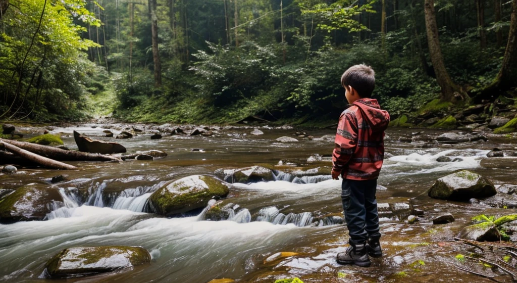 Make a photo of poor boy near a pond and mountains
