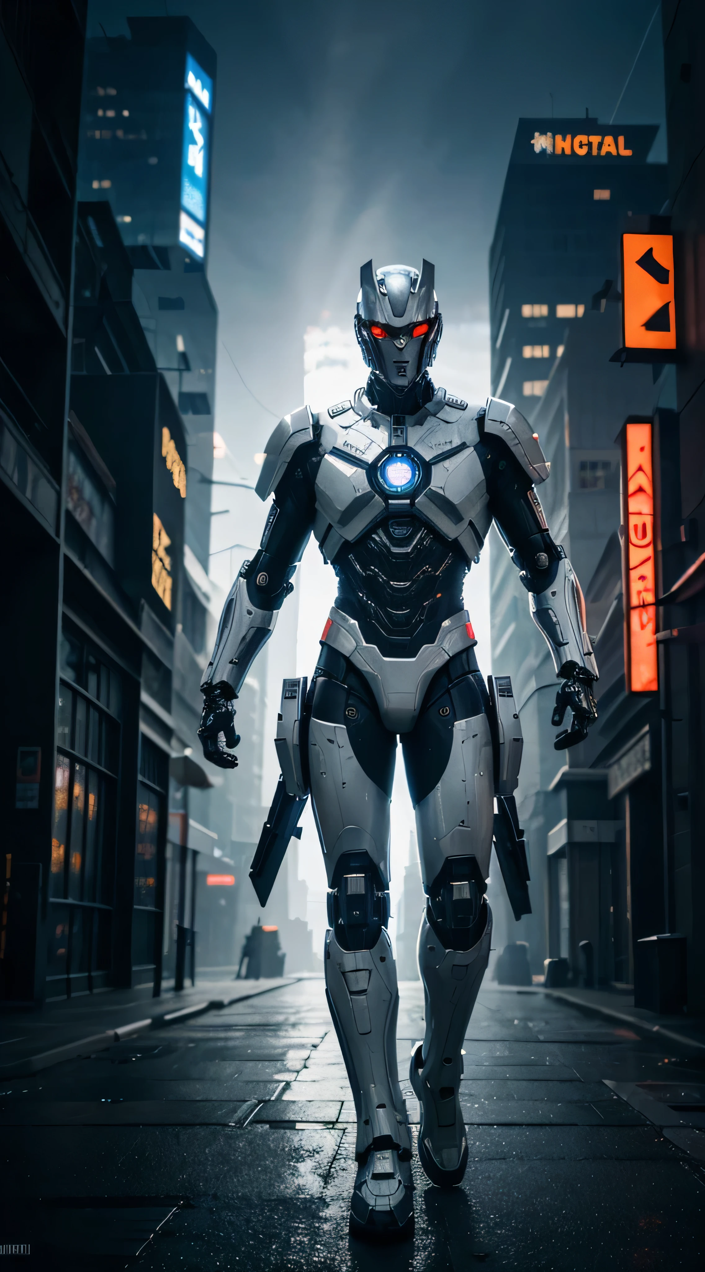 Dark_Fantasy,Cyberpunk, (Best quality, Masterpiece),white,1man,Mechanical marvel,Robotic presence,Cybernetic guardian,wearing a cybernetic jacket,city, highest quality digital art, Stunning art, wallpaper 4k, highly detailed, military robot,army, warzone,black and white, highest quality digital art, Stunning art, wallpaper 4k,8k,64k, HD, unparalleled masterpiece, dynamic lighting, cinematic, epic, damaged mechanical parts