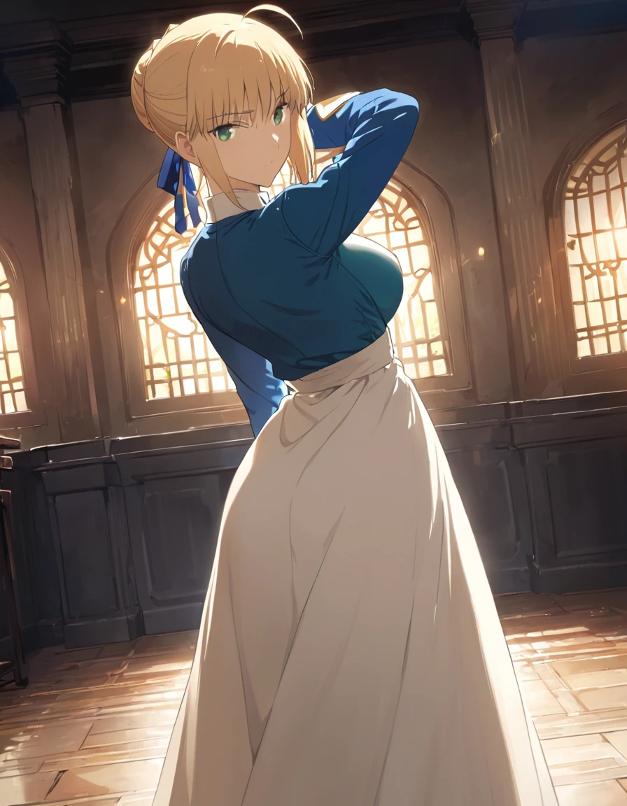 best quality, amazing quality, very aesthetic, 1girl, saber, fate/stay night, 1girl, saber, fate/stay night, , (artist official art:1.5), french braid bun hair, ahoge_hair, green eyes, large breasts, jitome, cinematic light, official_blue_long_sleeve_royal_dress, stand_up_straight, arms_behind, on the family room, kuudere_face, blush, night, looking_at_viewer, oily_skin, cool, from_front