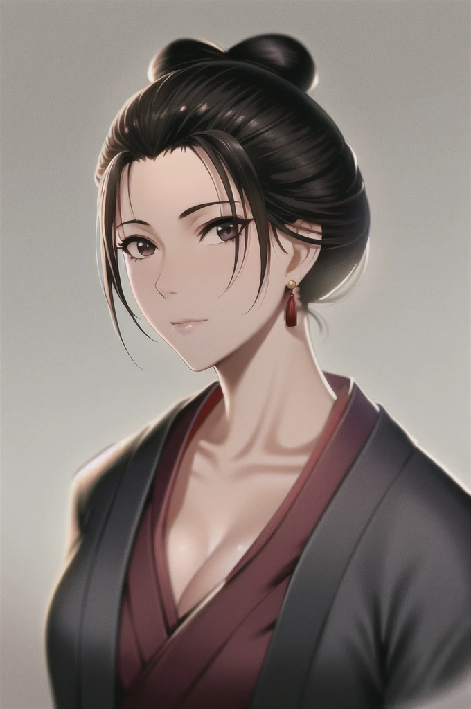 1girl, white background, black hair, closed mouth, japanese clothes, kimono, hair bun, looking at viewer, black eyes, single hair bun, portrait, upper body, brown eyes, short hair,emma \(sekiro\),(shiny skin),(mature female:1.2),tassel earrings, cleavage 