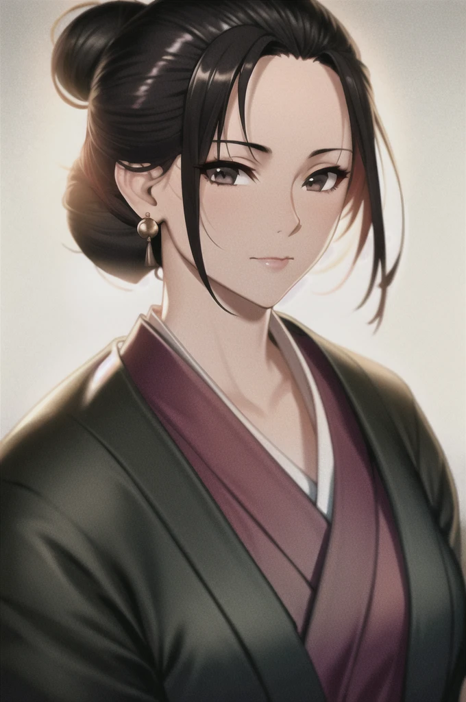 1girl, white background, black hair, closed mouth, japanese clothes, kimono, hair bun, looking at viewer, black eyes, single hair bun, portrait, upper body, brown eyes, short hair,emma \(sekiro\),(shiny skin),(mature female:1.2),tassel earrings, cleavage 