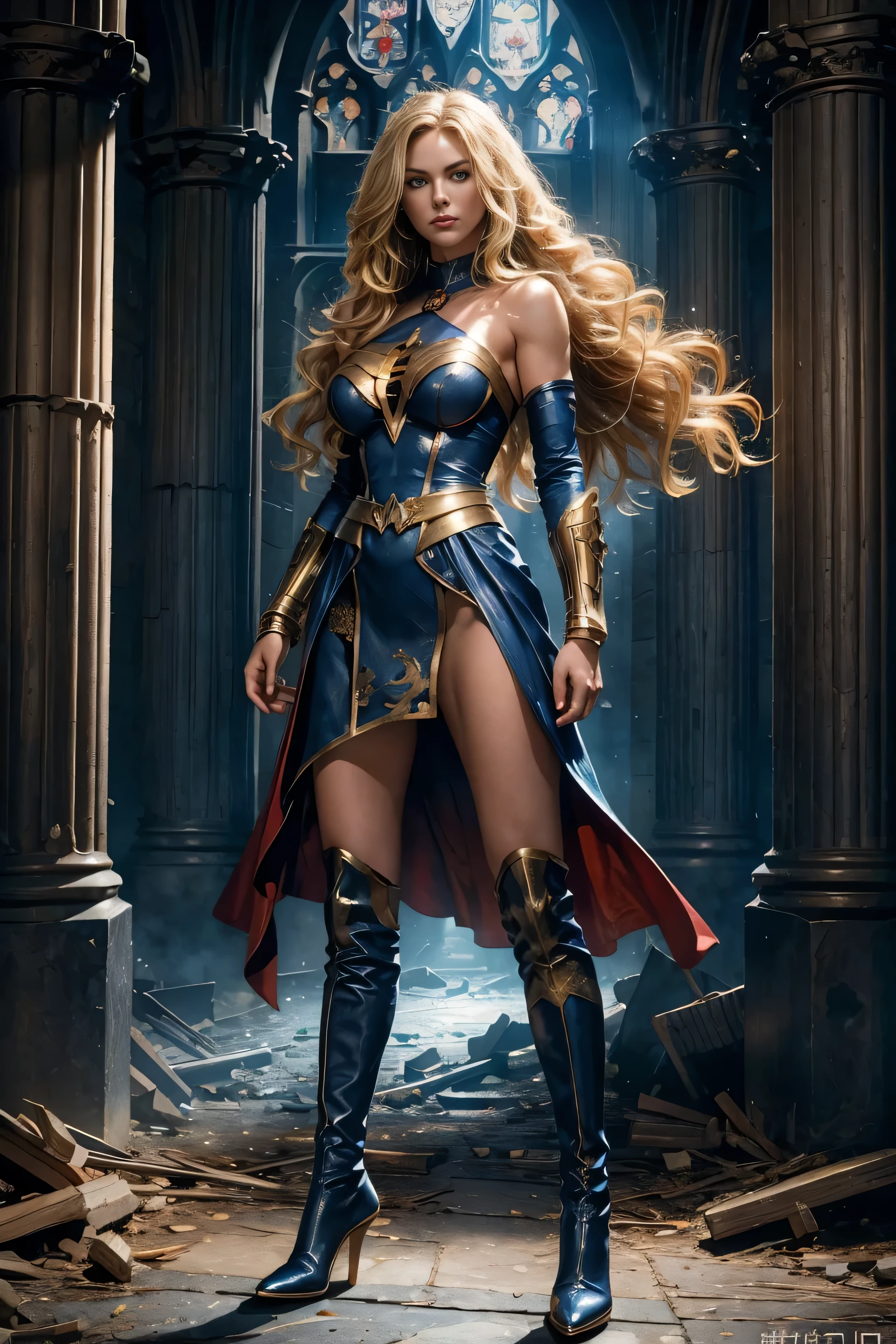 full body superheroine ************  Wonder Girl blonde long wavy hair blue eyes red mouth tall muscular body big round breasts broad shoulders blue and gold short leather dress blue boots dress hero pose even a terrifying night in a ruined Gothic cathedral, a semi-dark plume of light octane render photorealistic 